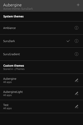 Aubergine : la liste des thèmes du téléphone, le thème sombre SuruDark actif, et trois thèmes personnels à modifier.