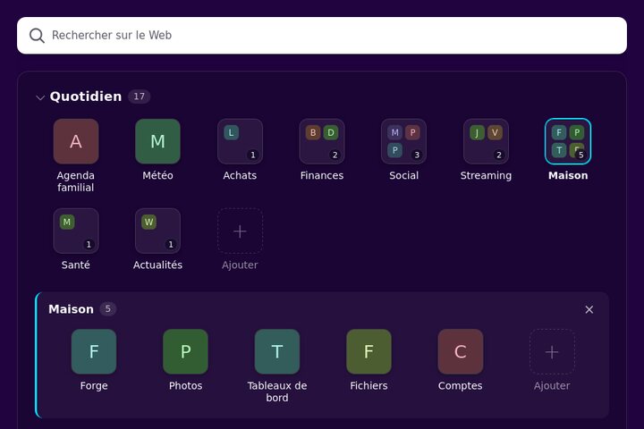 Home Bookmarks : la page d’accueil de Firefox, avec sa barre de recherche, une section de marque‑pages d’exemple en tuiles et le dossier « Maison » ouvert en tiroir.
